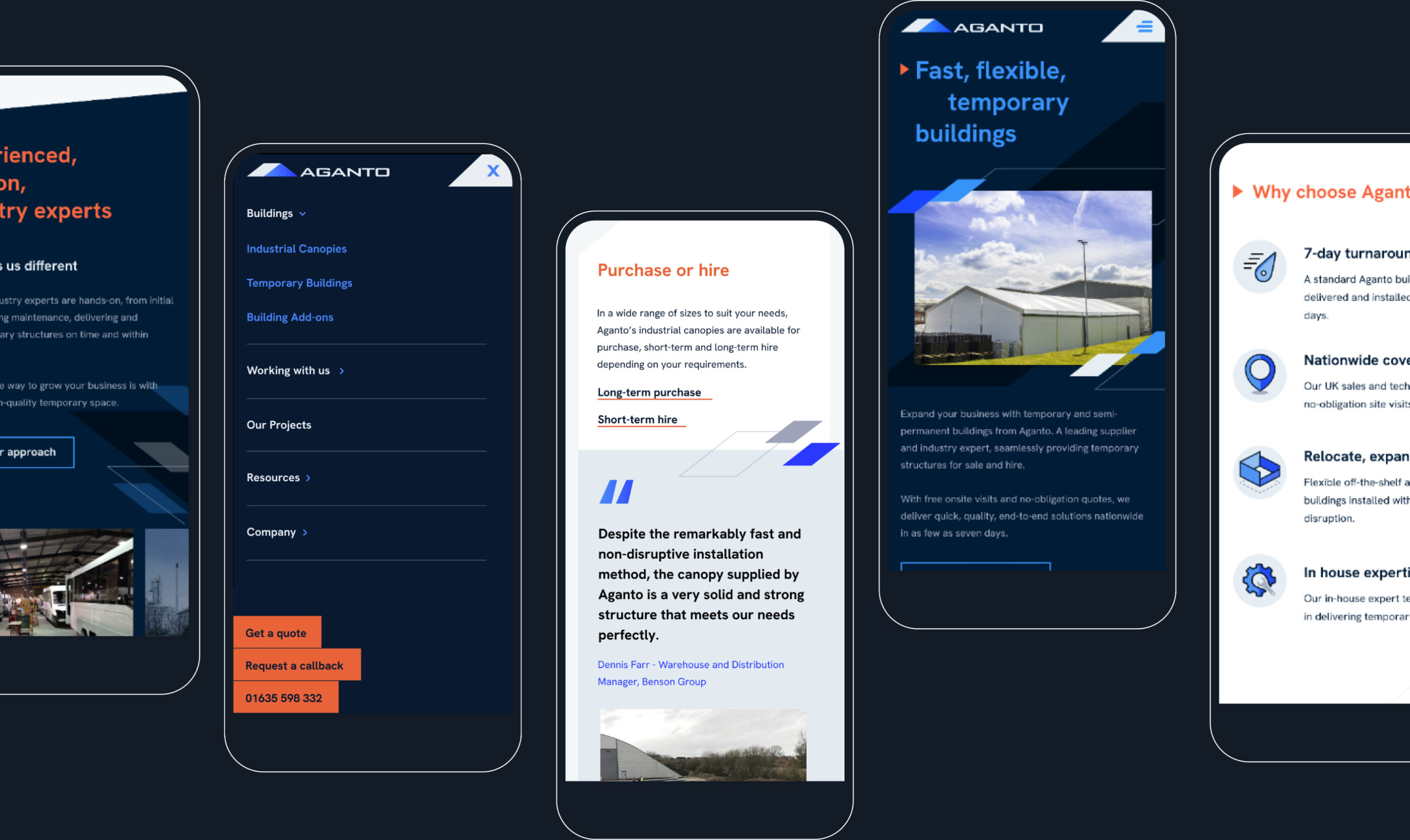 Aganto webpage mockups on phone devices